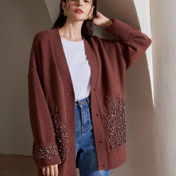 Coffee Brown Sequin and Faix Pearl detailed Women's Oversized sweater Cardigan - Picture 2 of 8